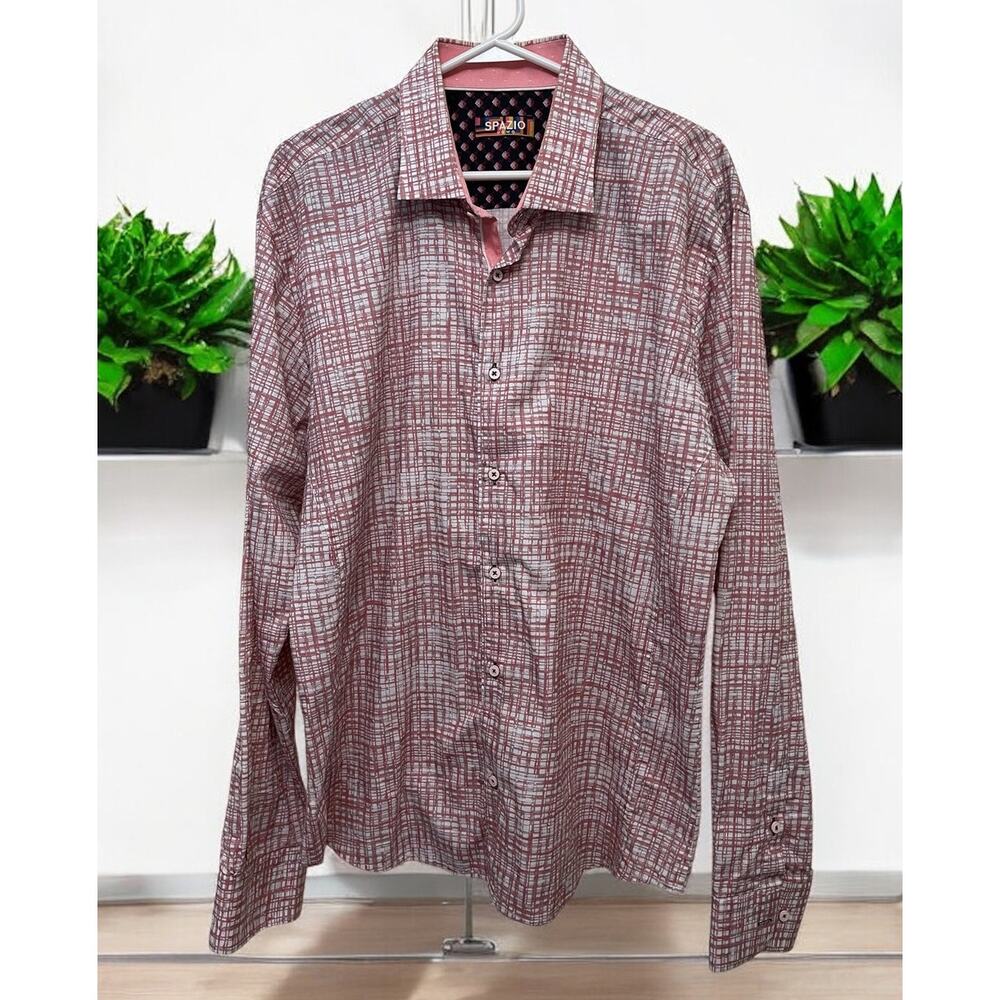 SPAZIO Uomo Men's Shirt Long Sleeve Pink Plaid Size XL Pink Trim Excellent